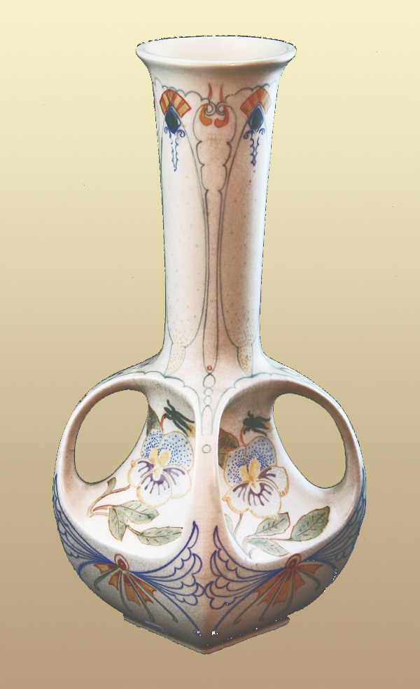 Nr.: 187, Reeds verkocht : sieraardewerk van Arnhemsche Faience  Plateel vaas, (lineair) , Hoog 28 cm , Diameter 11 cm , Jaar 1907-1933 