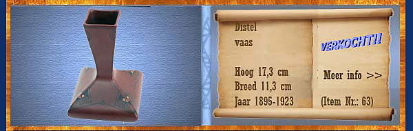 Nr.: 63, Te koop aangeboden sieraardewerk van Distel, Omschrijving: Plateel vaas, Hoog 17,3 cm Breed 11,3 cm, Periode: Jaar 1895-1923, Schilder : Onbekend, 