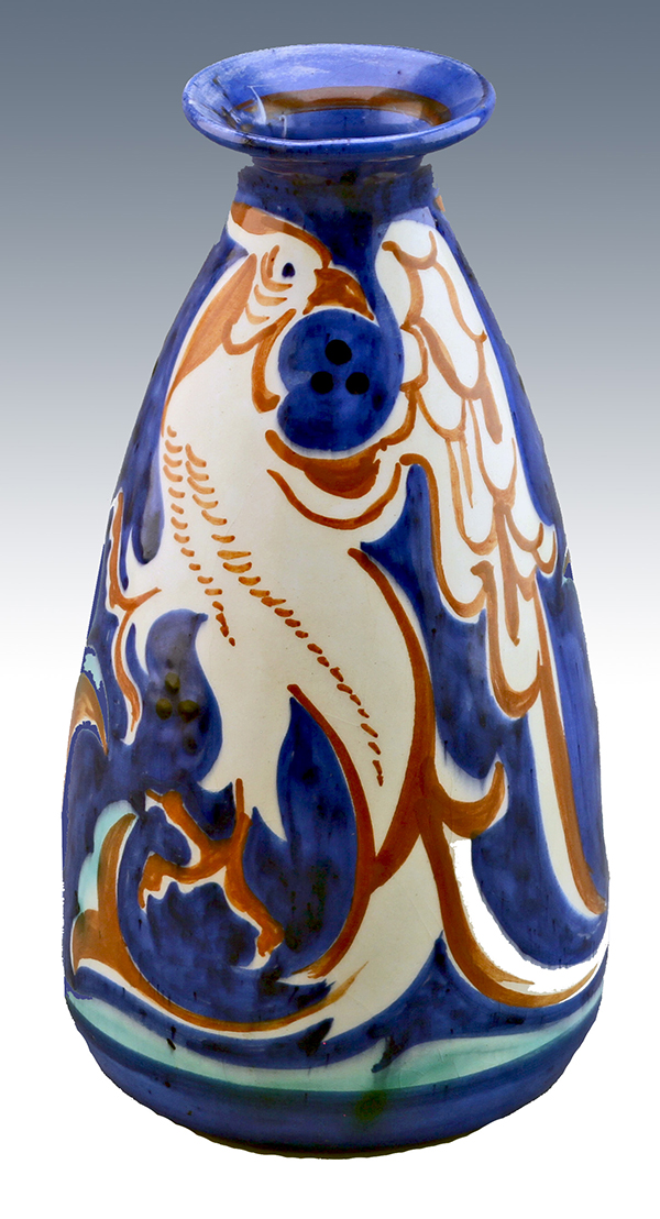 Nr.: 87, Te koop aangeboden sieraardewerk van Distel, Omschrijving: (Lion Cachet) Plateel Vaas, Hoog 19,7 cm Breed 10,5 cm, Periode: Jaar 1895-1923, Schilder : Onbekend , 